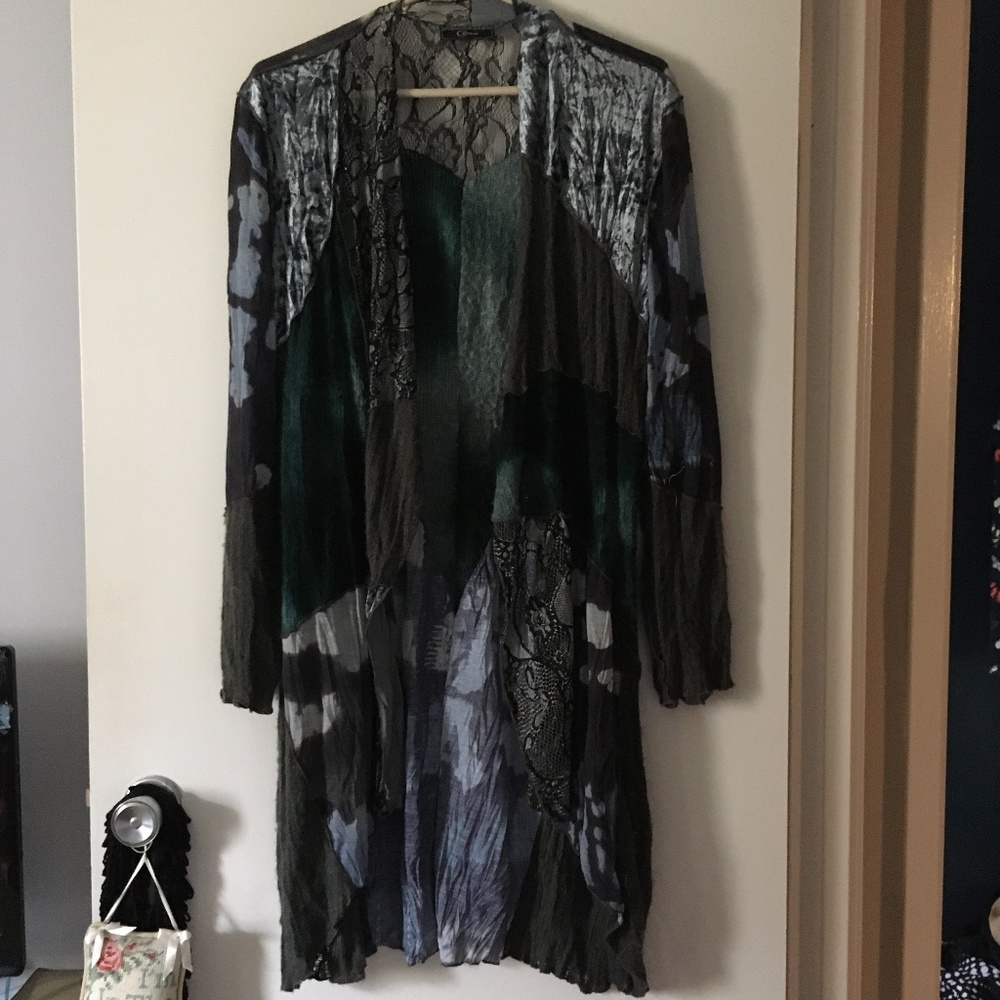 CATIVA Patchwork Mixed Knits Velvet + Lace Kimono Duster  L/XL